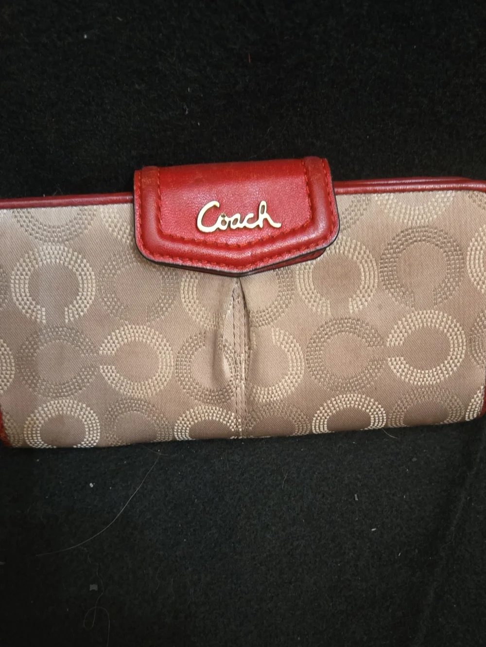 Coach Beige Signature Wallet with Red Trim and Gold Logo